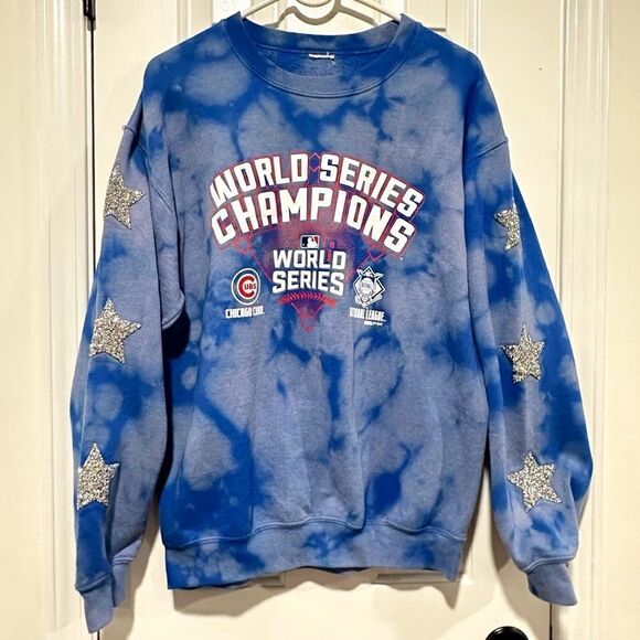 Chicago Cubs Hoodie Sweatshirt World Series 2016 Women Bleached Rhinestone Stars - Picture 1 of 9